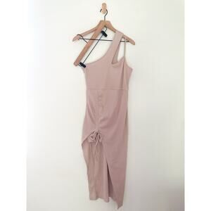 Cider Beige One Shoulder Midi Dress Medium Ruched Side